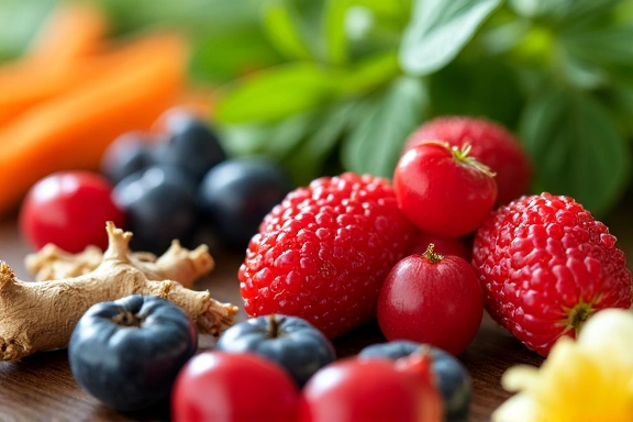Składniki roślinne używane w produktach Vitaenergiaplus, takie jak zioła i owoce.